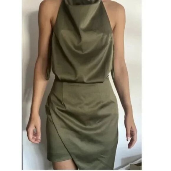 ELLIATT Camo Asymmetric Satin Cocktail Dress in Khaki Size X-Small - Picture 4 of 16